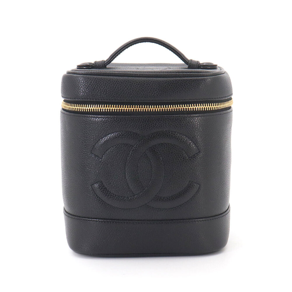 CHANEL Black Caviar Leather Logo Vanity Bag